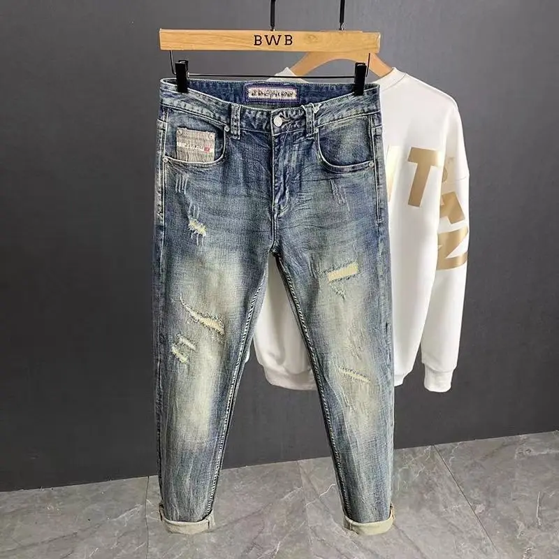 

brand retro blue jeans men's spring straight trend ripped trousers men's slim-fitting small feet spring and autumn cargo pants