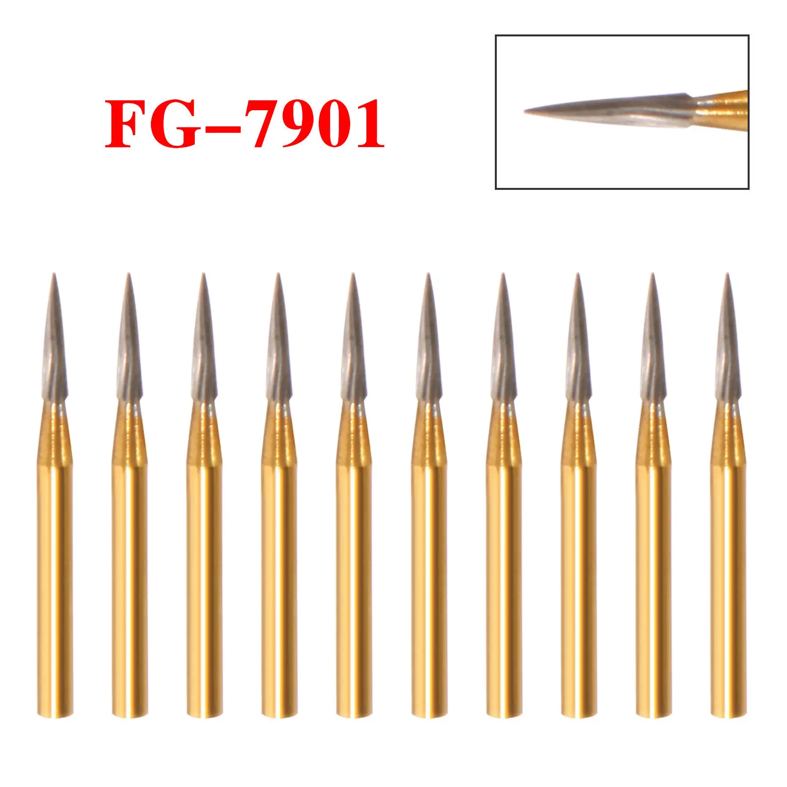 

10PCS/1 Pack Dental Tungsten Carbide Burs Trimming & Finishing & Polishing Flame FG 7901 For High Speed Handpiece