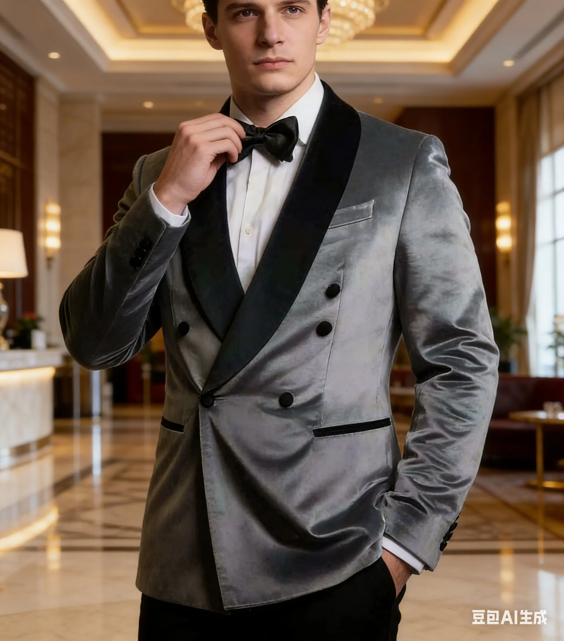 

Mens Grey Suit Velvet Elegant Double Breasted Tuxedo Blazer Formal 2 PCS