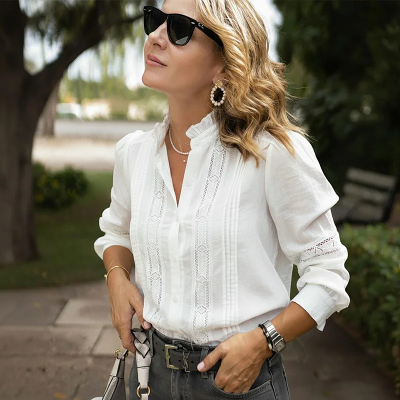 Women's clothing autumn new temperament commuter style splicing lace stand-up collar hollow long-sleeved shirt