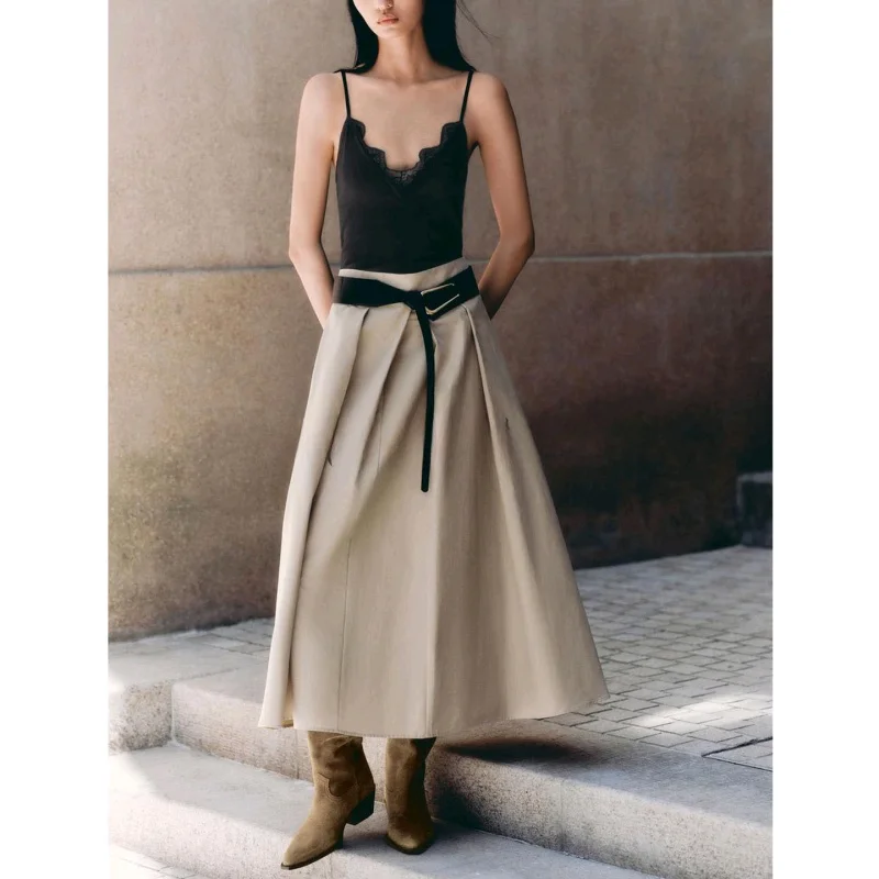 

Юбка трапециевидной формы с высокой талией в стиле ретро и пояс-капюшон Ne Юбка-миди Женская новая осенняя модная повседневная юбка из полиэфирного волокна