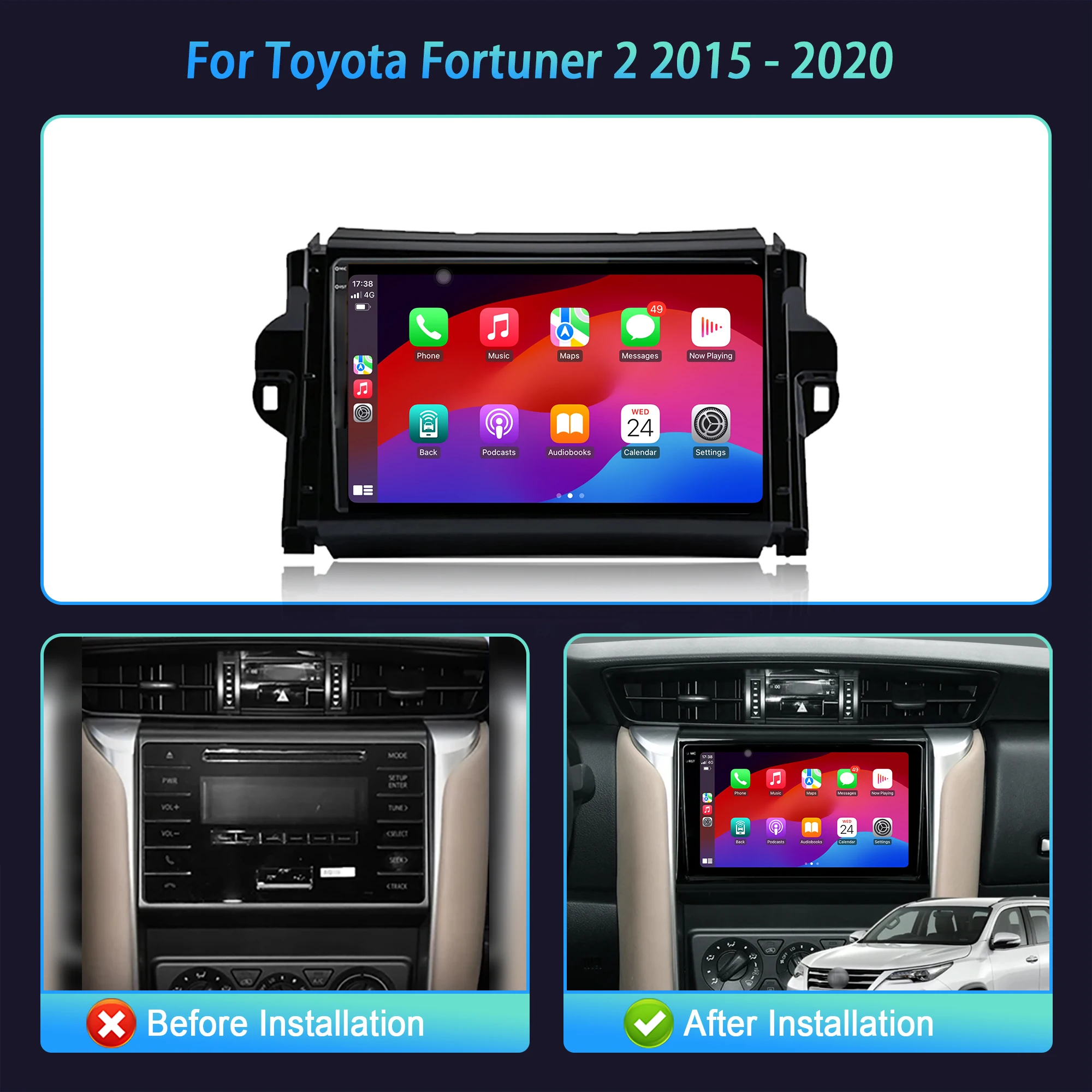 9 inch Car Radio Android 16 For Toyota Fortuner 2 2015-2020 BT Carplay Multimedia Navigation Head Unit 2K QLED Screen