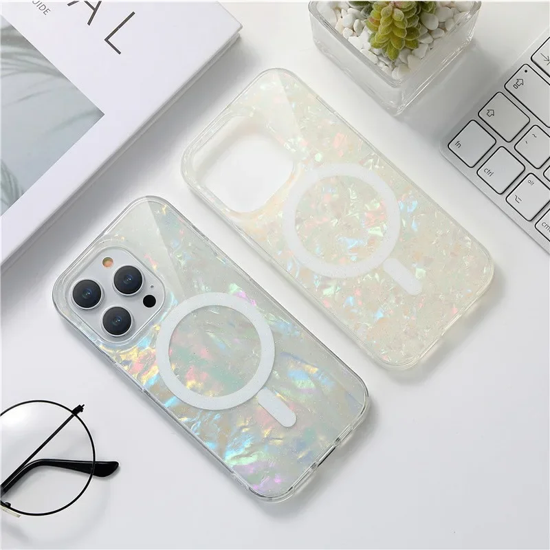 Suitable for Apple IPhone15 14Plus Women Simple All-inclusive Phone Case IPhone 13 12Pro Max Glitter Shell Pattern Magnetic Case