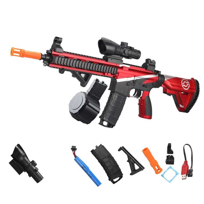 7.4V High-speed Burst M416 Gel Ball Toy Gun With Orange Plug And Double Magazine For Outdoor Interactive Parent-child Games.