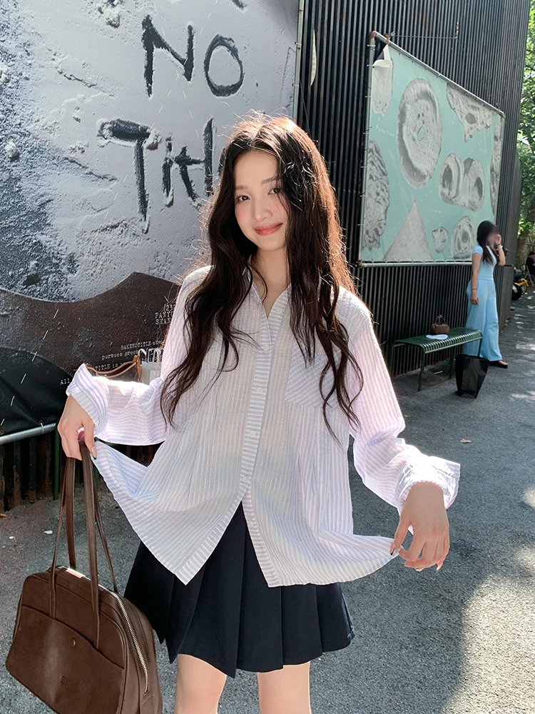 

Anti-Aging Striped Long Sve Women's irt Spring New Design Korean Sle Loose Top Breathable Comfortable Korean System