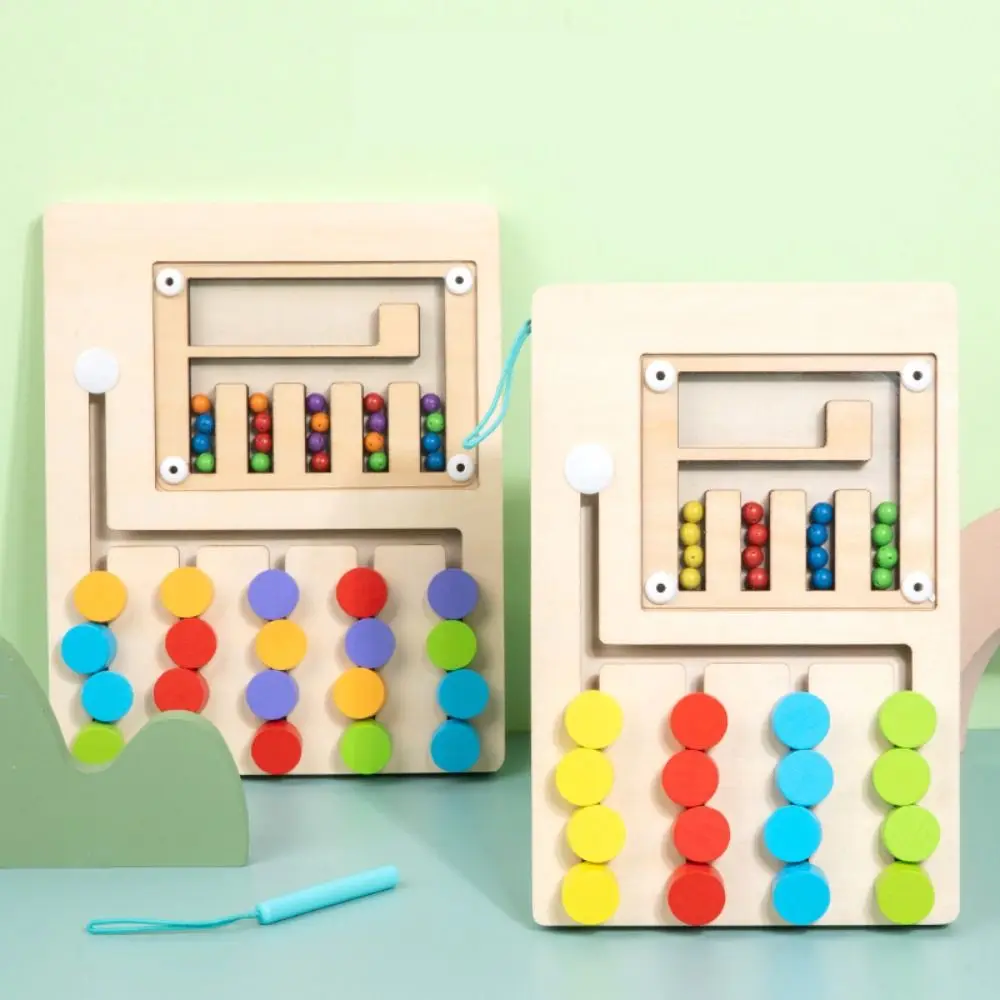 Wooden Color Matching Kids Game Rolling Bead Puzzle Montessori Sliding Puzzle Board Learning Color Sorting Wooden Rolling Toy