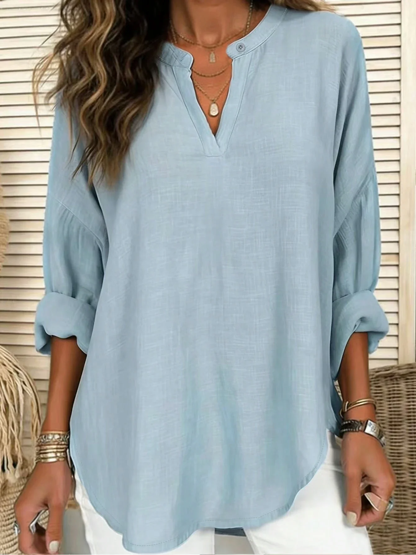 

Solid Color Minimalist Long Sleeve V Neck Blouse For Women