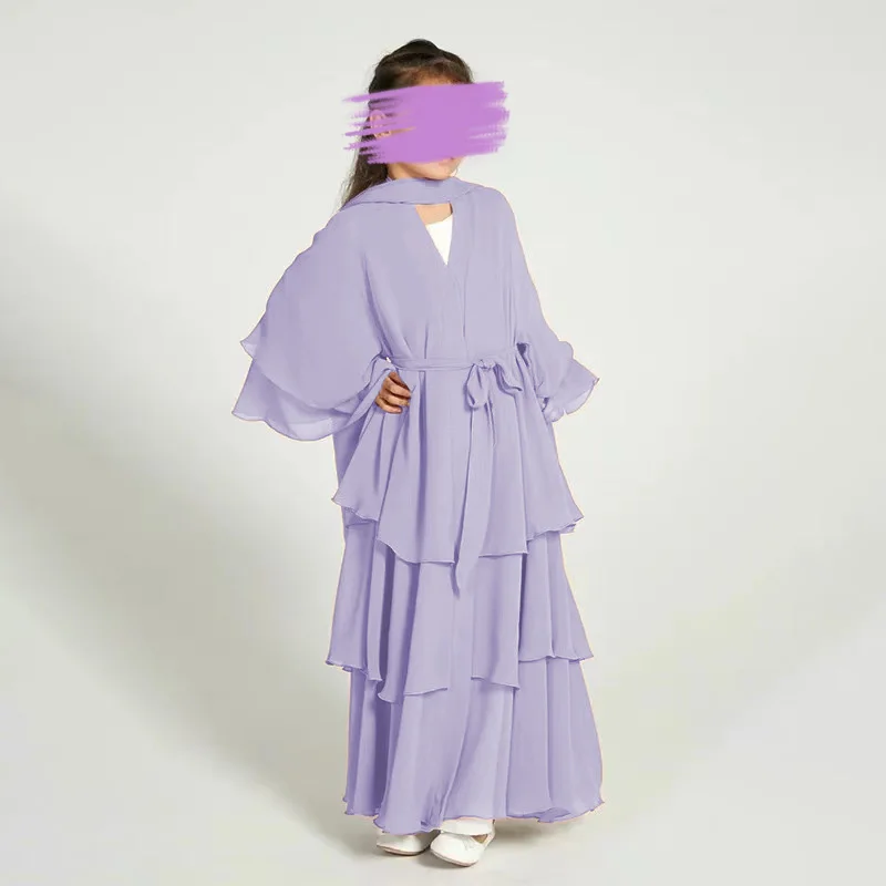 Children Front Open Abaya Chiffon 3 Layers Kids Abaya With Belt Islamic Little Girls Ramadan Clothing Muslim Solid Color Dresses