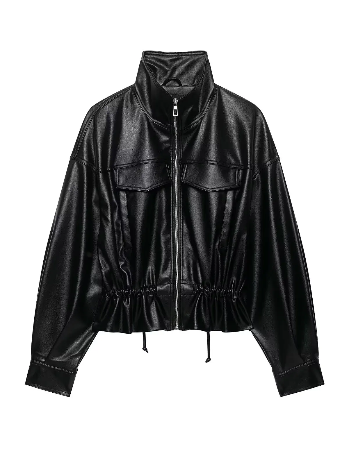 Cool Short PU Leather Jacket Women's Fashion Motorcycle Style Stand Collar Drawstring Waist Belt Cool Outerwear Coat