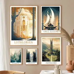 Póster de viaje retro Ring Middle-Earth, bosque oscuro o torre de tanque, arte de pared de película, pintura en lienzo, póster nórdico, decoración de sala de estar