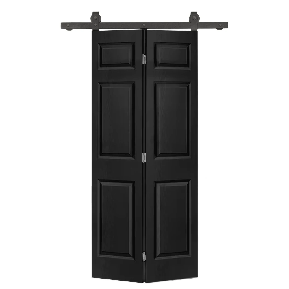 

24 in. x 80 in. 6-Panel Black Painted MDF Composite Bi-Fold Barn Door with Sliding Hardware Kit