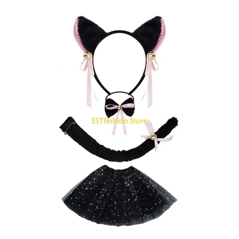 Y5GC Cats Costume Ears Headbands Tail Tutu Bowtie Halloween Animal Cosplay Props