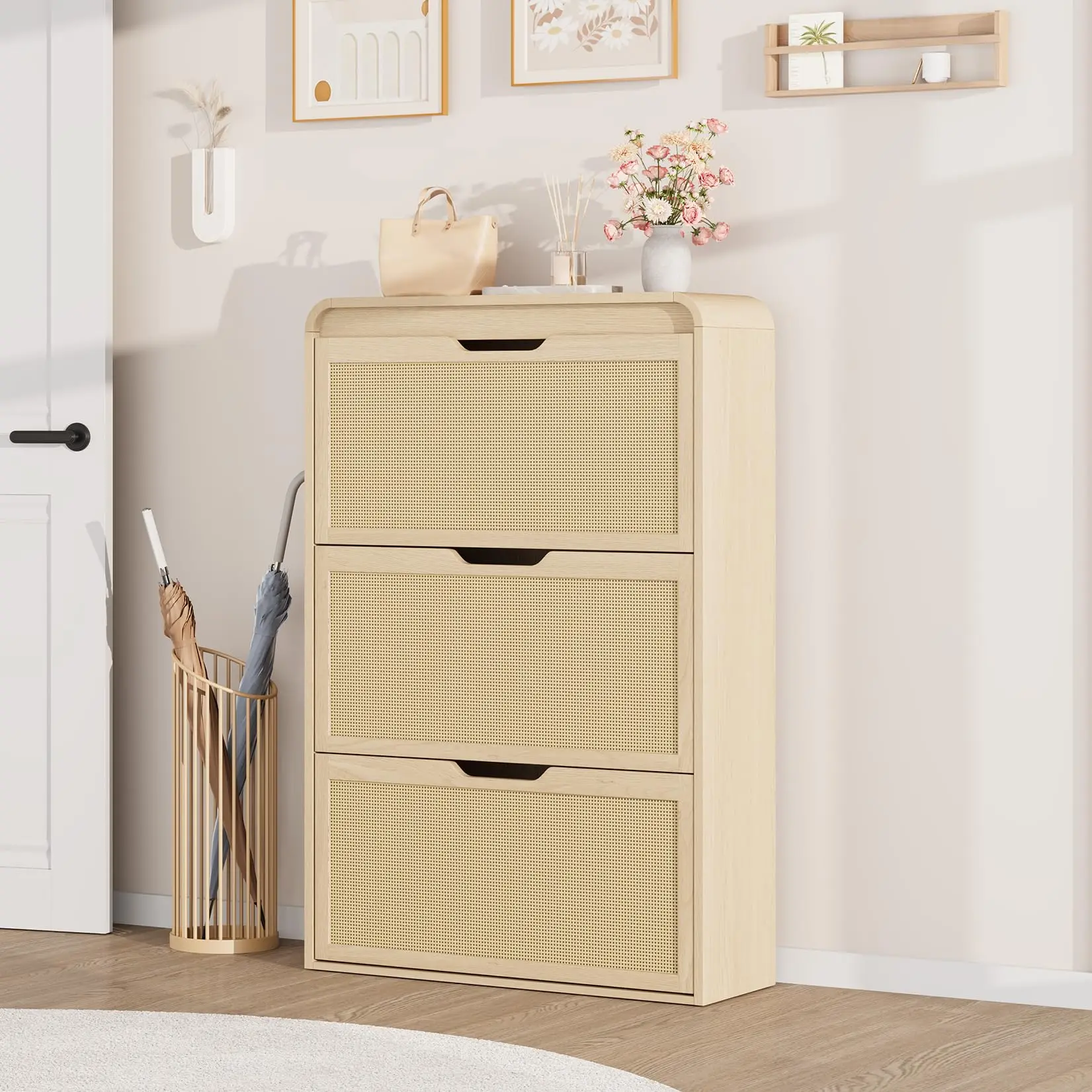 

Rattan Shoe Cabinet with 3 Flip Drawers, Wooden Shoe Organizer With Adjustable Removable Shelves For Hallway Entryway