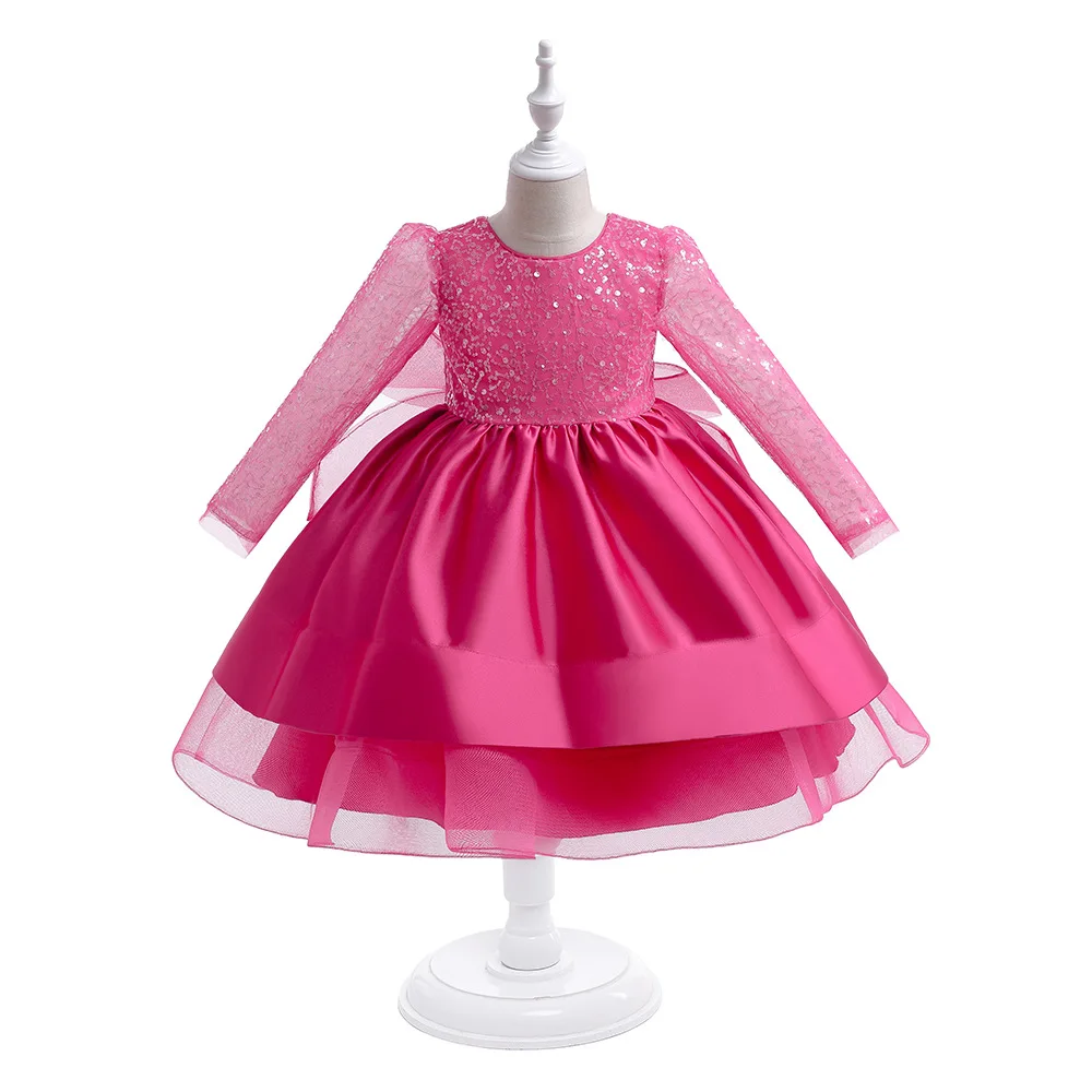 Flower Girl Bridesmaid Dresses Long Sleeve Sequins Elegant Wedding Party Dress For Girls Baby Puffy Prom Gown Children Clothes