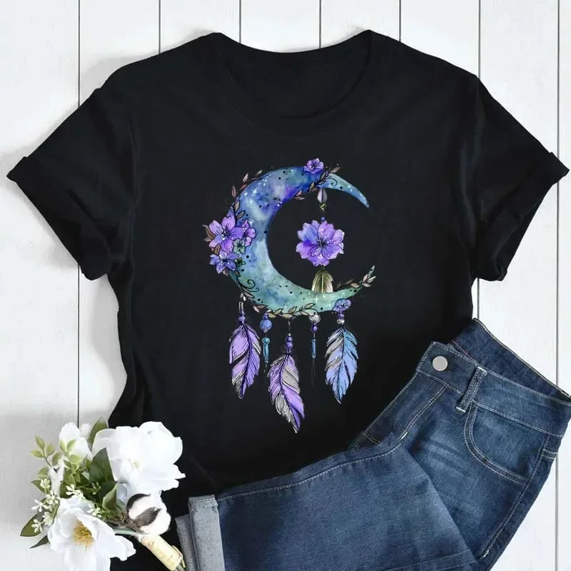 Plus Size Maycaur Fashion Vintage Moon with Floral Print Women T Shirt Casual Short Sleeves Female Tshirts Cartoon Graphic Tee