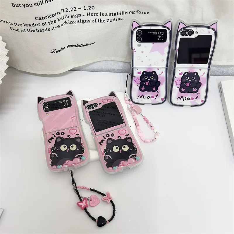 

Black Cat Ears Phone Case for Samsung Galaxy Z Flip 6 5 4 3 Protective Back Cover for ZFlip4 ZFlip5 ZFlip6 Case