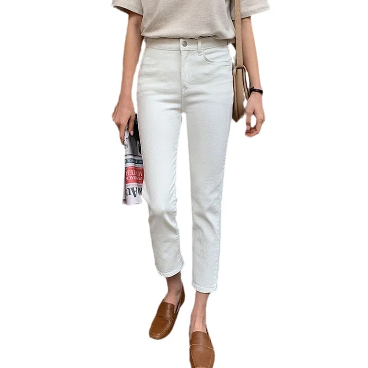 Slim Fit taille haute neuf Points jambe droite jean femmes été nouveau Sle Beige clair coton Stretch Denim taille haute Zippe...