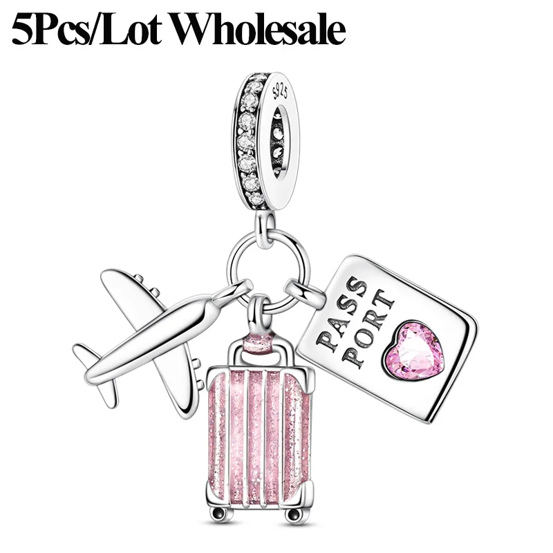 5-20Pcs/Lot Wholesale 925 Sterling Silver Pink Airplane Charms Pendant Bead Bracelet Jewelry Big Discount For Bulk Order