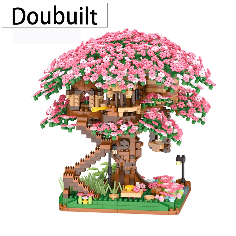 

Doubuilt Mini Sakura Tree House 2138pcs Build Block City Street View Cherry Blossom Model Building Blocks Toys Children Gifts