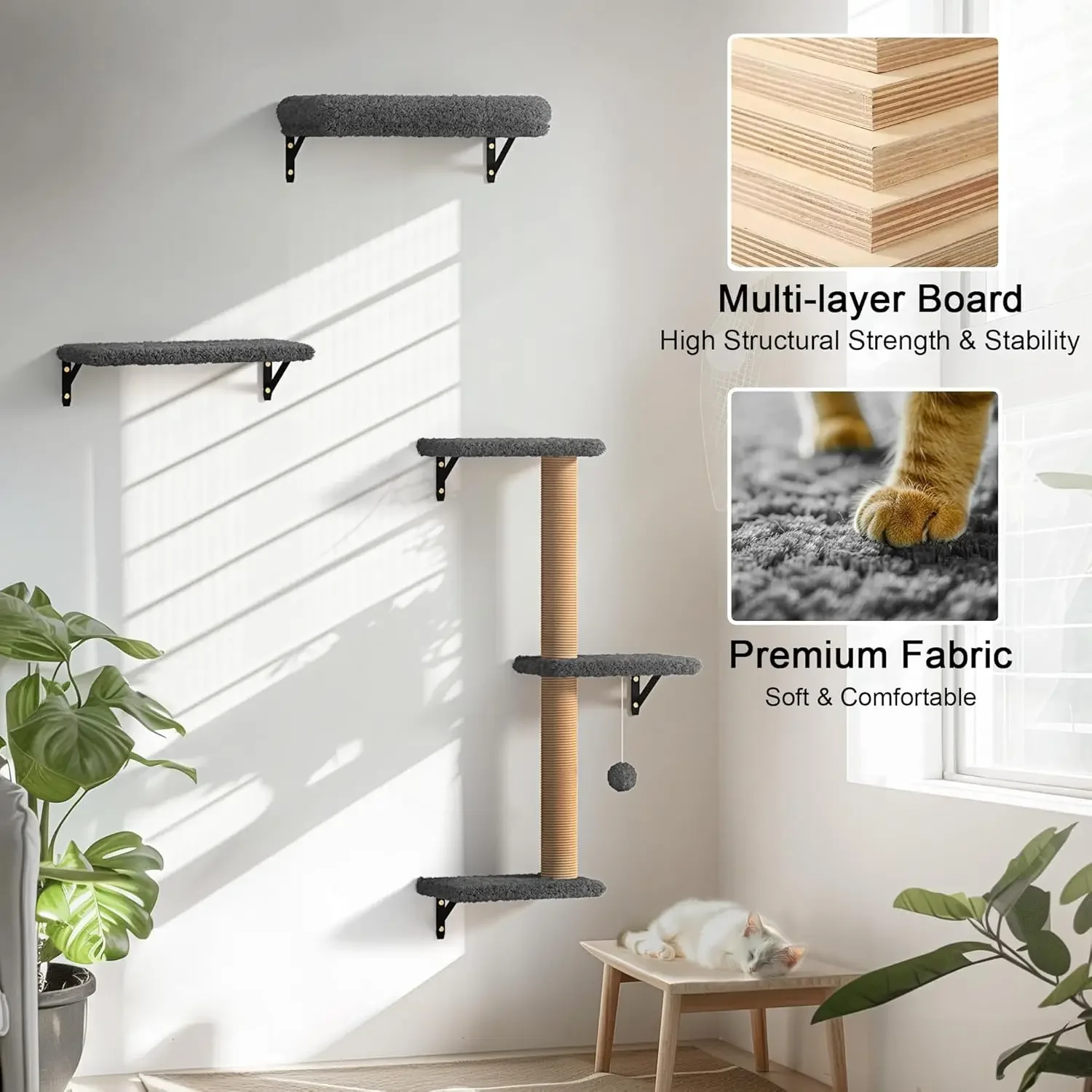 Estantes de pared para gatos, estable y seguro, juego de muebles de pared para gatos grandes 4 en 1, pared trepadora de madera para gatos con poste rascador para