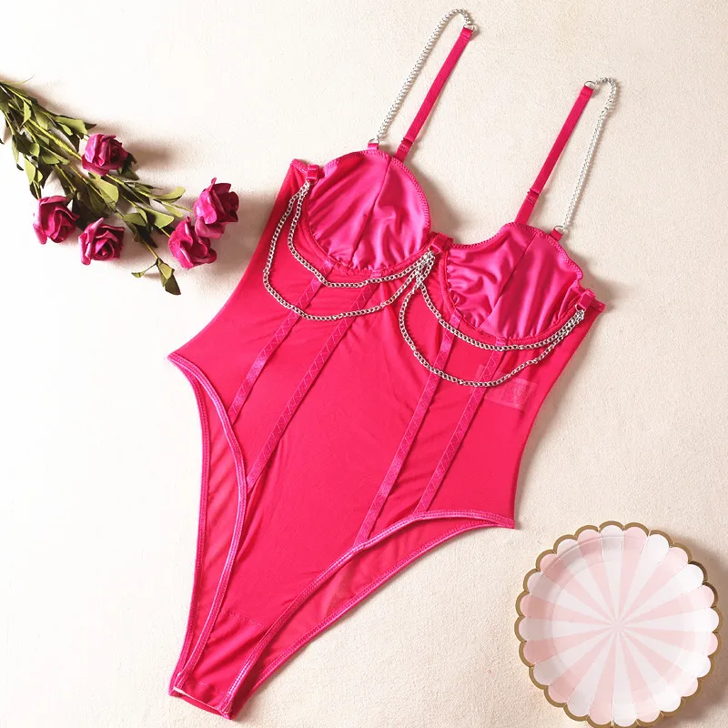 Amazon transfronteiriça verão nova alça de corrente de metal pesado top sexy transparente modelador bodysuit.