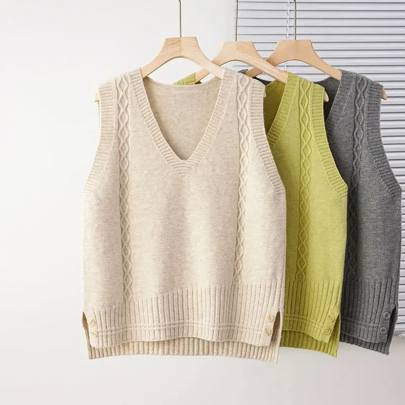 Chaleco de punto para mujer, suéter suelto con cuello en V, giros de masa frita, ropa de otoño