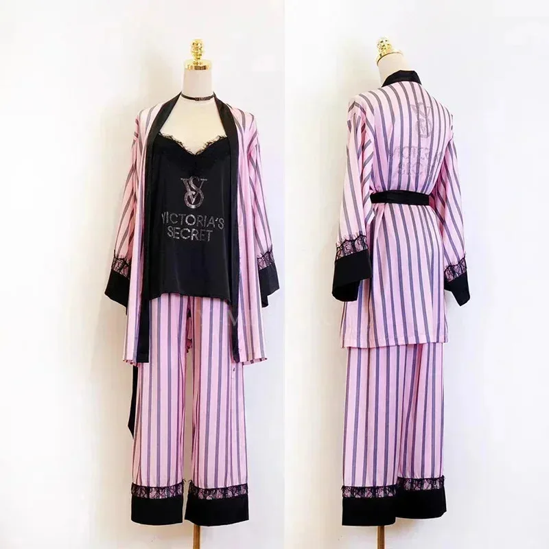 Setelan Piyama Garis Renda dengan Berlian Imitasi Wanita Satin Kimono Jubah Gaun Set Musim Panas V-Neck Bathrobe & Sling & Celana Pendek & Celana Lounge