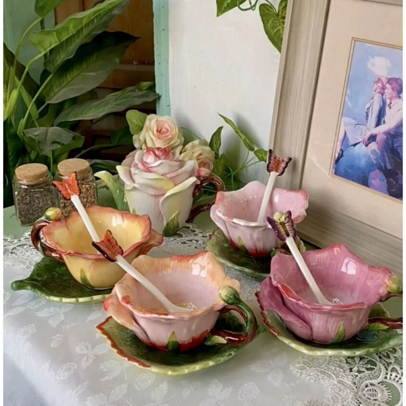 

Korean Style Ins Cups And Saucers Ceramic Underglaze Color Dessert Dish Hand Drawn Rose Coffee Mugs Home Afternoon Tea Set