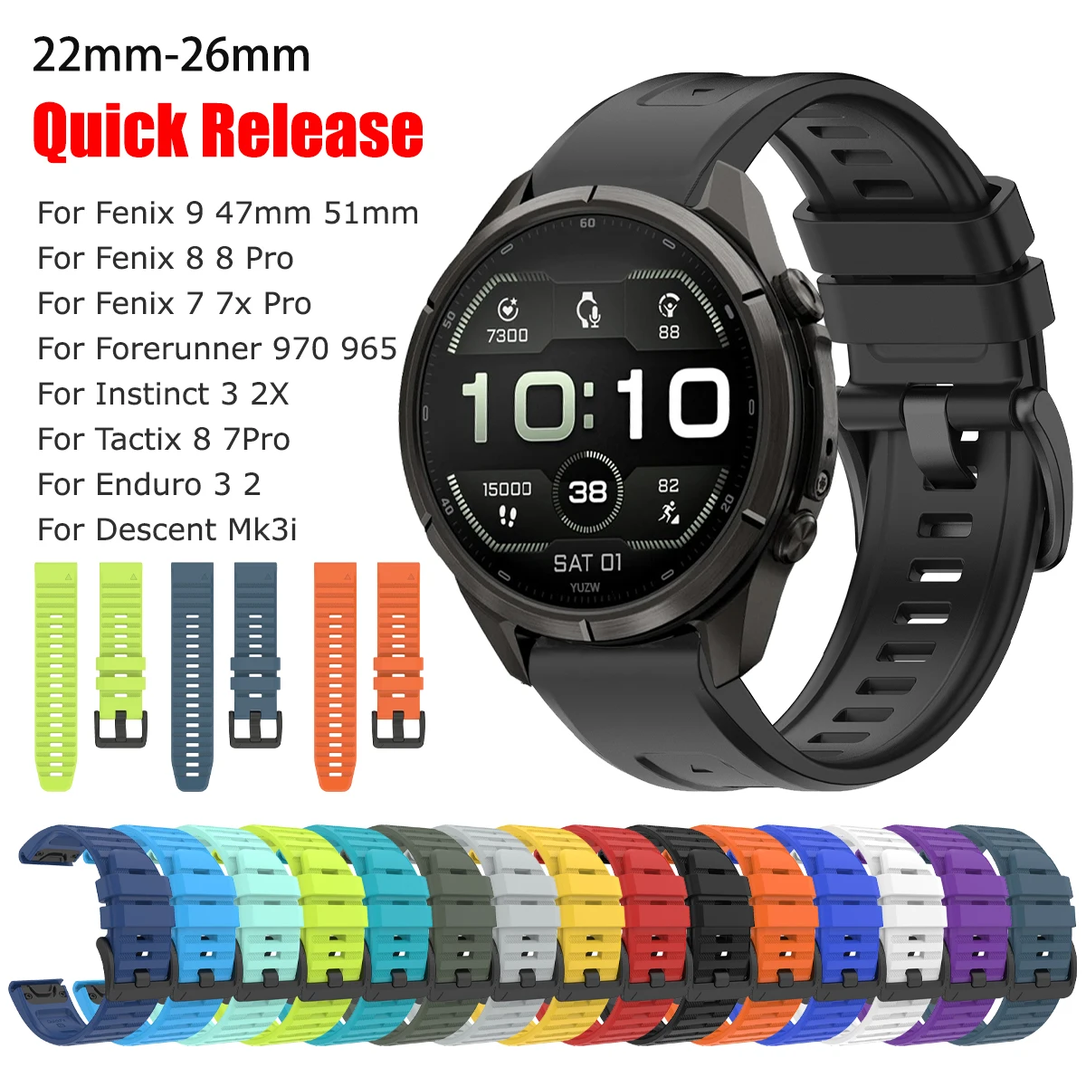 QuiekFit 22/26mm Rubber Band for Garmin Fenix 9 pro Solar 51mm 47mm Fenix 5X 6x 7 7X 8 Pro Quatix 8 Epix Outdoor Sport Bracelet
