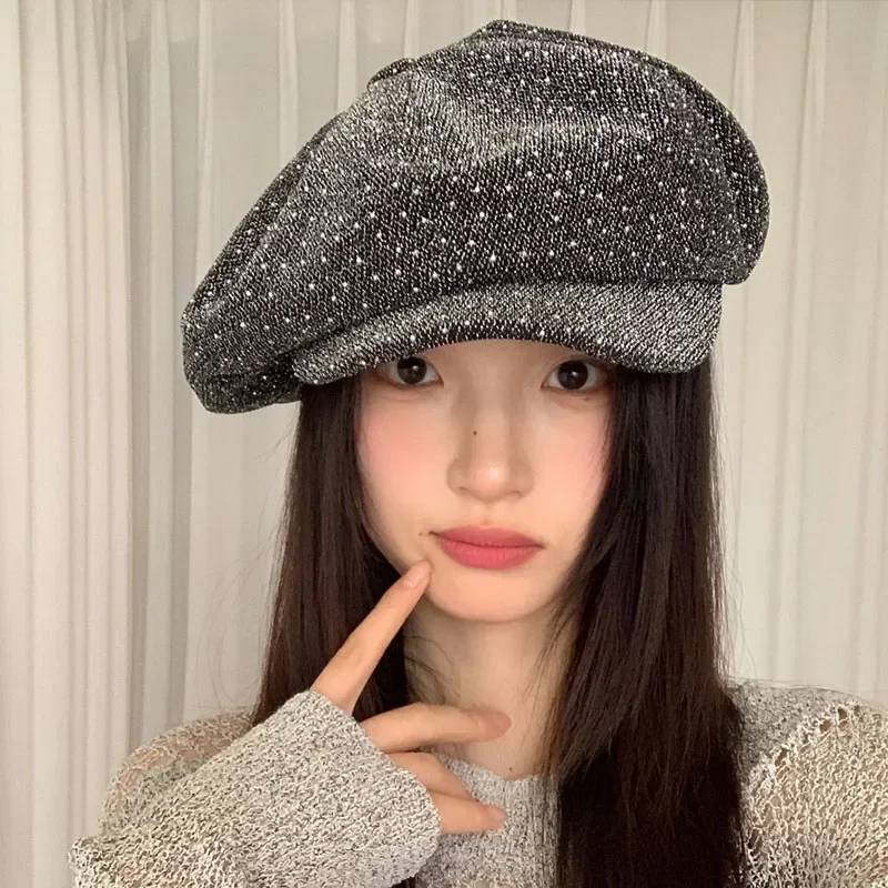 Korean Fashion Mixed Color Sequined Cloud Octagonal Hat Women's Spring and Autumn Niche Large Version Sunshade Newsboy Cap