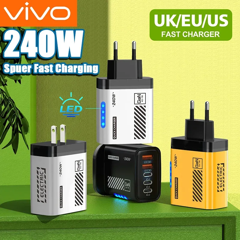 VIVO 240W QC3.0 PD 5 Ports GaN Fast Charger US/EU/UK Plug Phone Charging Head Adapter With LED Light For iPhone Samsung Huawei