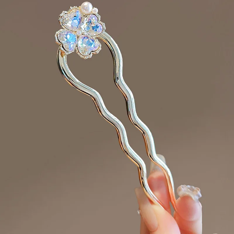 Temperament Pearl Crystal Four-leaf Clover Hairpin Modern Simple Leaf Bun U-shaped Hairpin Women's Headwear