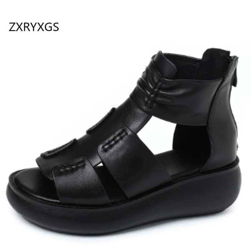 ZXRYXGS 2025 New Summer Open Toe High Quality Genuine Leather Sandals Platform Elevator Shoes Wedges Sandals for Women Plus Size
