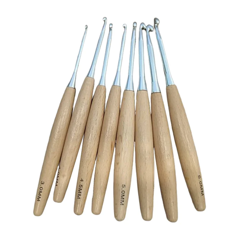 8Pcs Wood Crochet Hooks 3.0mm-6.5mm, Ergonomic Handle Crochet Hooks Set