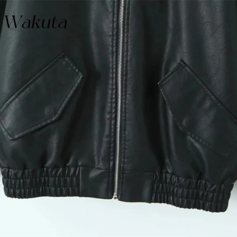 WAKUTA Autumn Classic Collar Zipper Long Sleeve Faux Leather American Retro Basic Simple Loose Casual Street Trendy Leather Tops