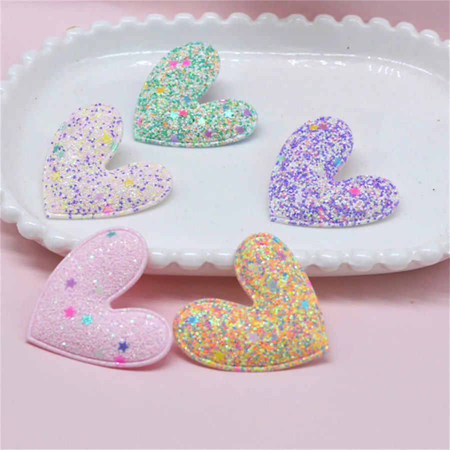 30Pcs/Lot Glitter Shiny Heart Padded Appliques For Handmade DIY Clothes Hat Sewing Patches Headwear Hair Clips Accessories