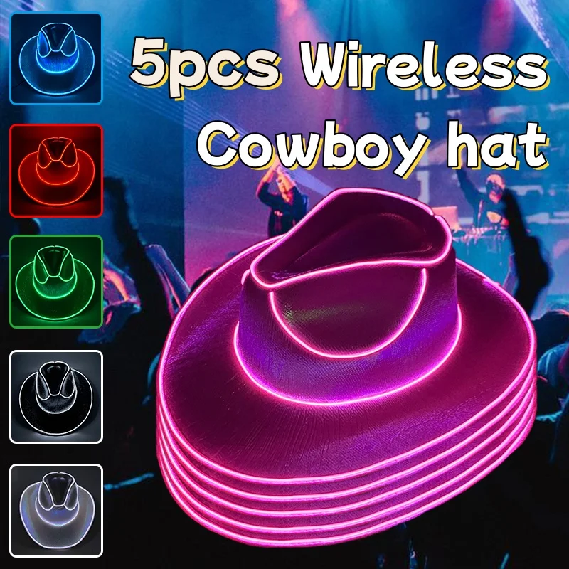 

Набор из 5 беспроводных светодиодных ковбойских шляп, светящихся в темноте, для карнавала, девичника, вечеринки в ковбойском стиле, праздничные принадлежности