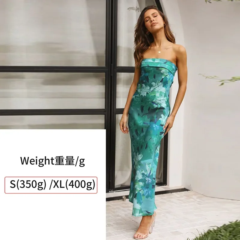 Spring Summer New Style Satin Women Fashion Printed Dress Sexy Backless Strapless Lady Banquet Party Dresses