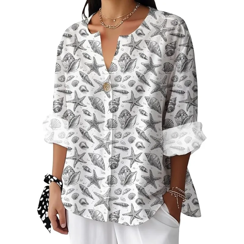 

Women's Women's Summer Shirt Retro Temperament Wear Seaside Starfish Flower Print Pattern Top V-Neck Long Sleeve Shirt