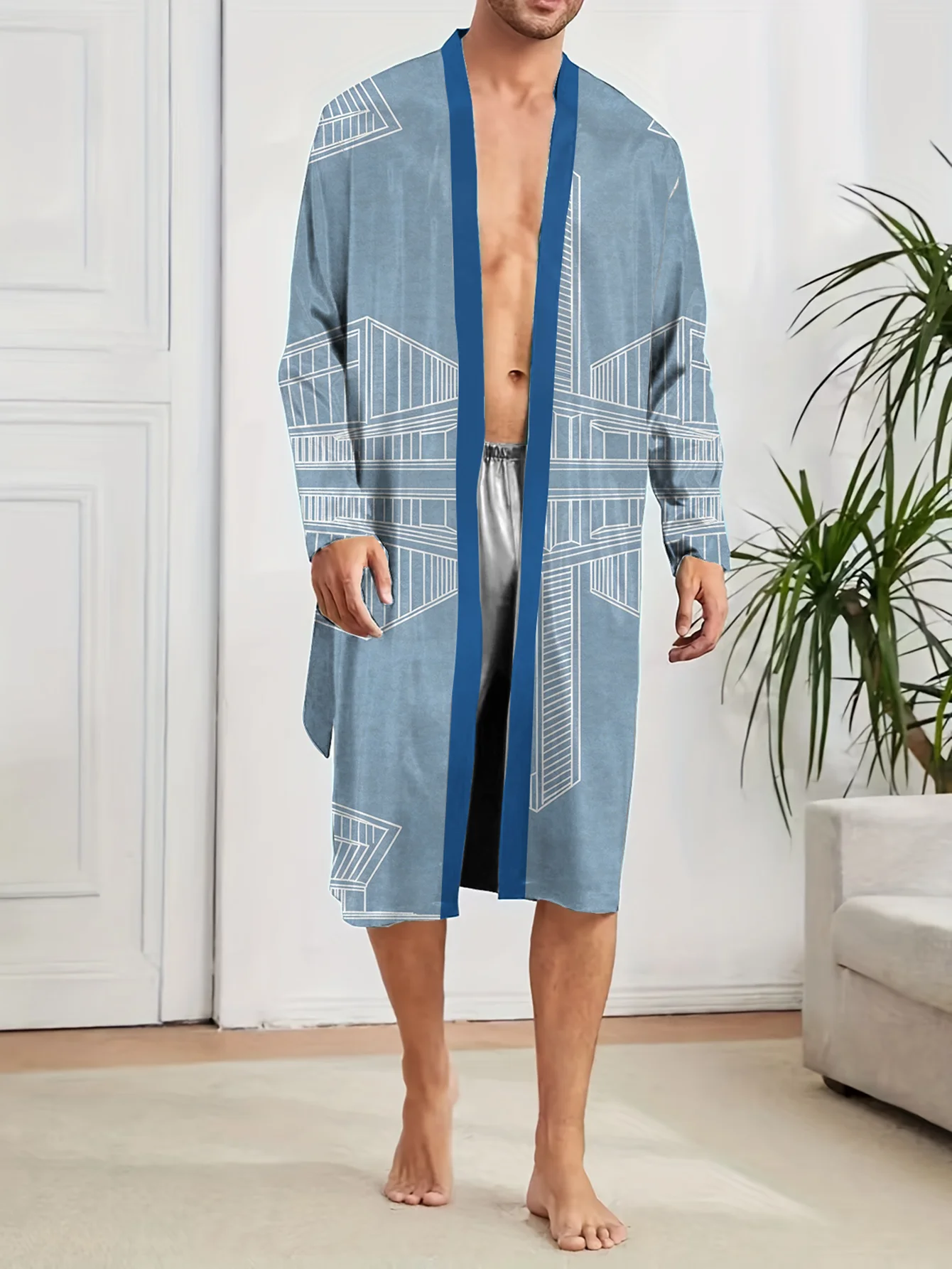 

Мужская ночная рубашка с цифровой печатью для весны и осени, тонкая, быстросохнущая, не выцветает, приятная для кожи домашняя одежда для сна и халат.