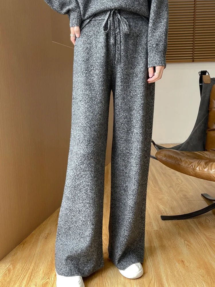 Autumn Winter New 100% Merino Wool Knitted Wide Leg Pants Women High Waisted Straight Leg Pants Casual Solid Color Floor Pants