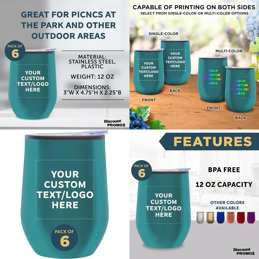 

Набор из 6 персонализированных стаканов для вина без ножки на 12 унций — изолированных для горячих и холодных напитков, бирюзовых