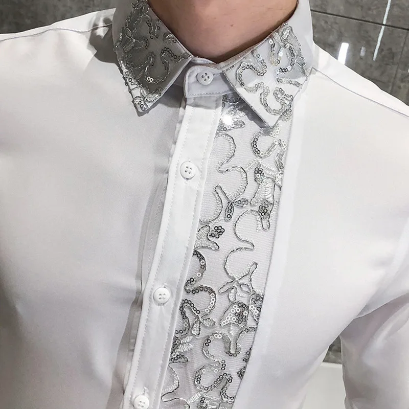 Sequin Wedding Dress Shirt Korean Men Clothes 4xl Black White Mens Lace Shirt Long Sleeve Slim Fit Social Dress Shirt