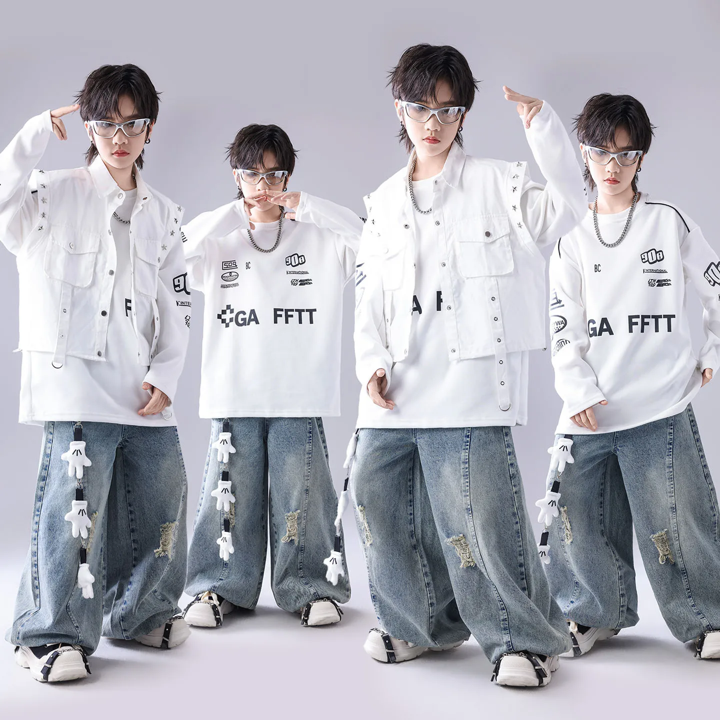 

Kid Kpop Hip Hop Clothing White Strap Star Vest Denim Curved Blade Ripped Jeans Pants for Girl Boy Street Dance Costume Clothes
