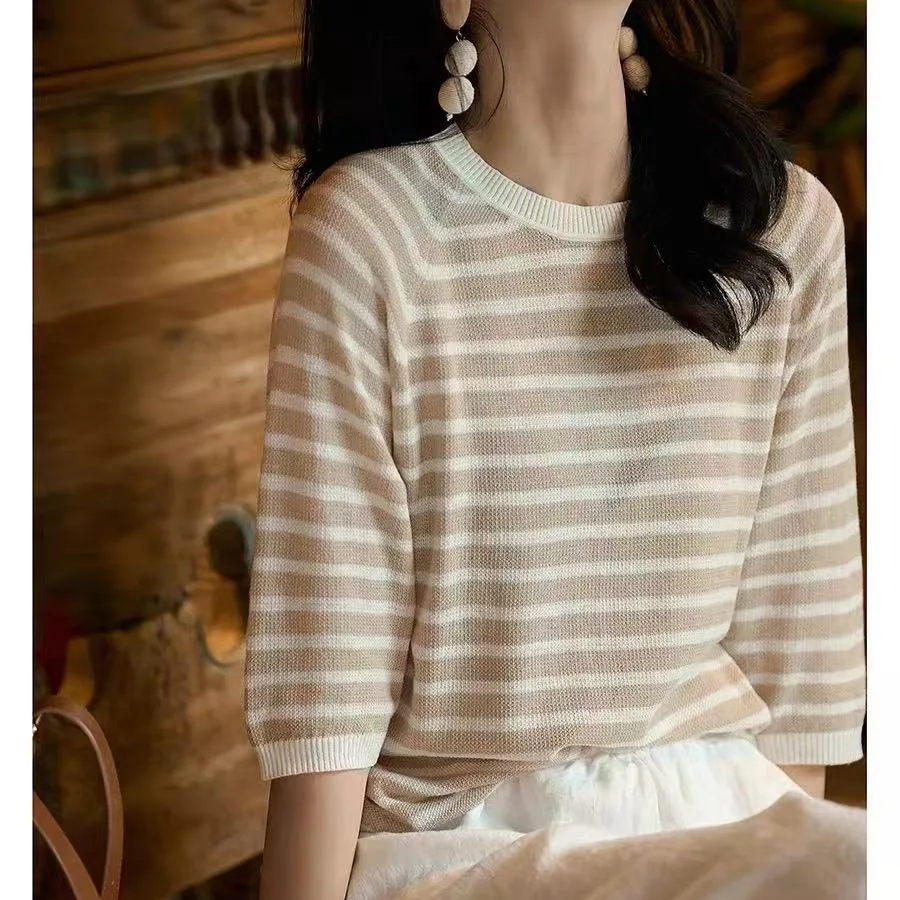 Maglione a righe da donna autunno 2025 manica lunga casual misto lino e seta pullover ampio e confortevole