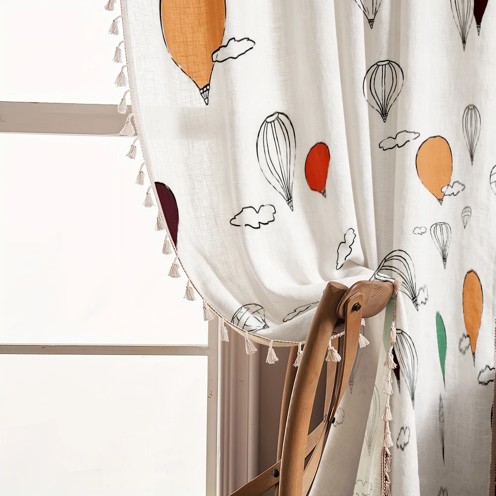 1PC Cartoon Tassel Sheer Curtains, Hot Air Balloon Cloud, Digital Print, Linen Polyester, Bedroom Living Room, Home Decor