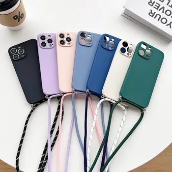 Basit Crossbody kordon silikon kılıf iPhone 15 11 12 13 14 Pro Max XR X XS 7 8 artı kordon halat kolye kayış yumuşak kapak