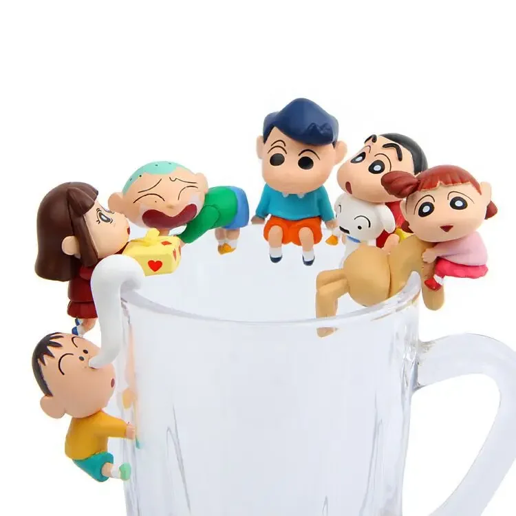 Bandai 7 unids/set Anime nuevo crayón Shin-chan familia Kawaii versión Q figura divertida modelo muñeca taza borde juguete adornos decorar regalos