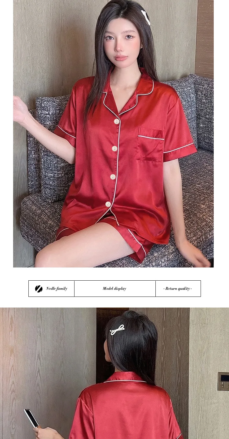 Neu eingetroffen: Damen-Pyjama-Set aus Eisseide mit kurzen Ärmeln – rot, locker sitzend, kühlend, bequeme Loungewear – Detail 7