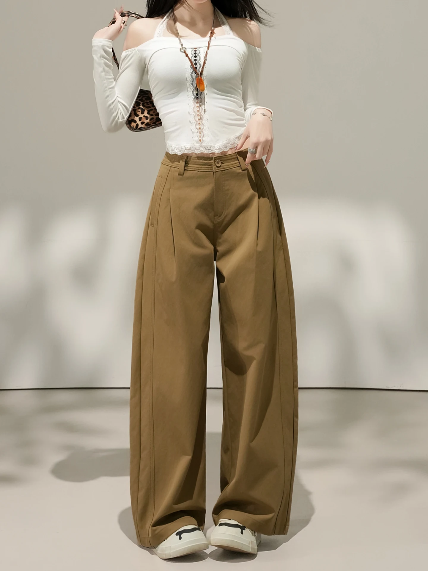 

Джинсы женские цвета хаки с высокой талией, широкими штанинами, свободного кроя, с поясом, удлиненные, весна-осень, новинка, стройнящие